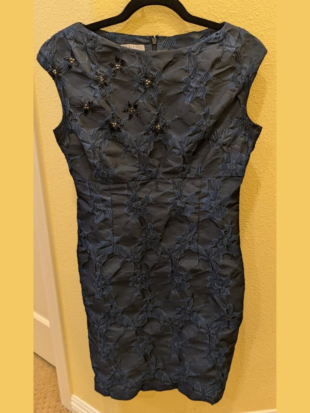NWOT Anne Klein Blue Floral Embroidered Overlay Stencil Fitted Dress Size 8